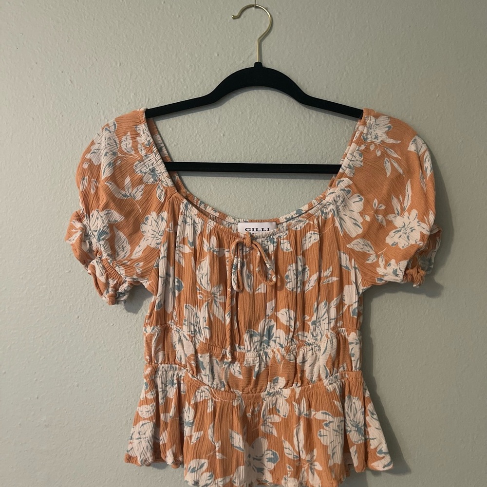 Gilli Orange Off the Shoulder Puff Sleeve Blouse with Smocked Tie Front